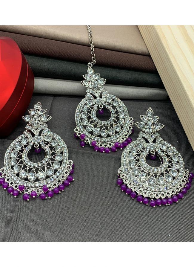 Purple Silver Stone Studded Earrings With Maang Tikka